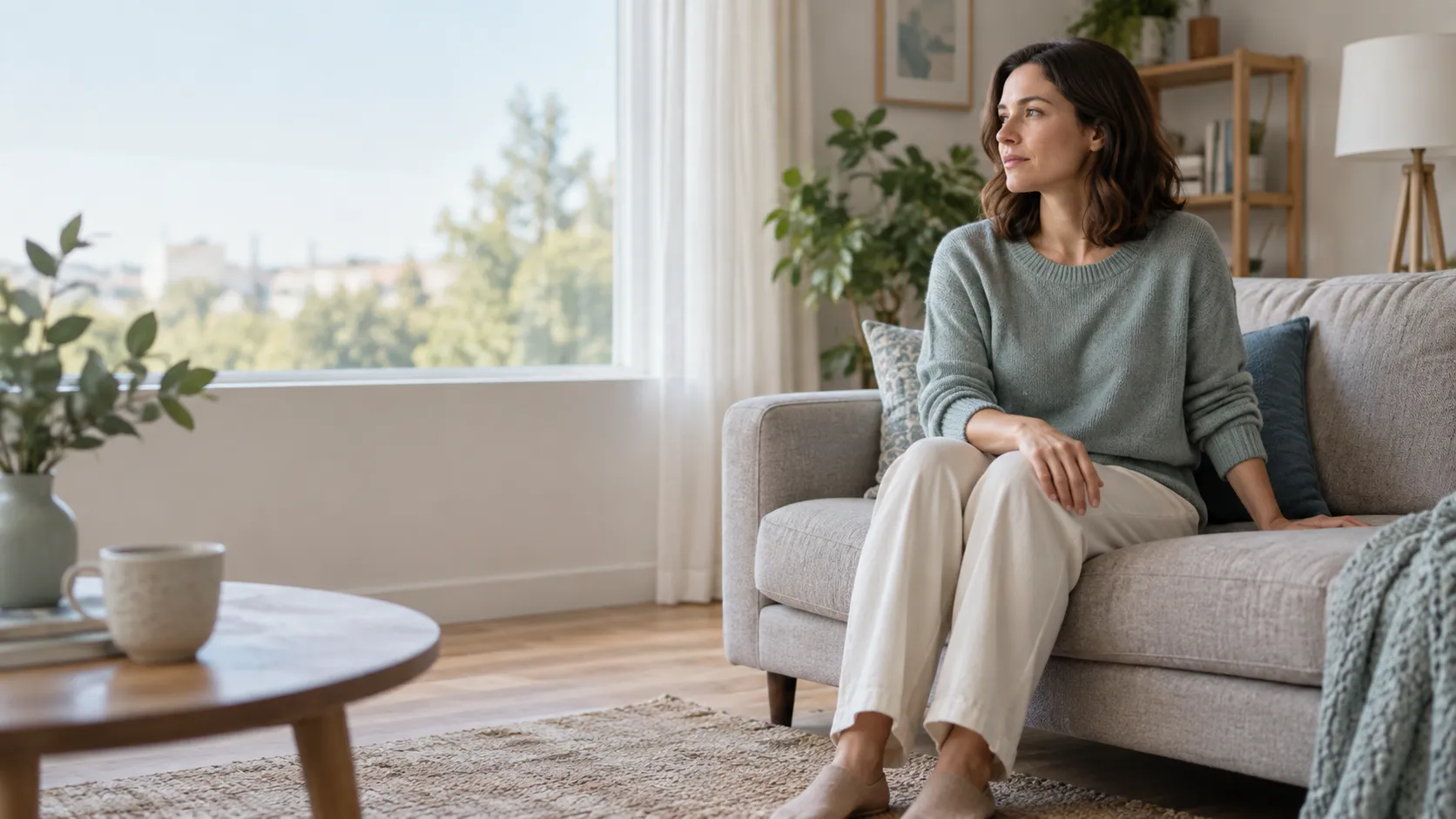 Женщина сидит на диване у окна и спокойно восстанавливает дыхание после приступа тревоги
